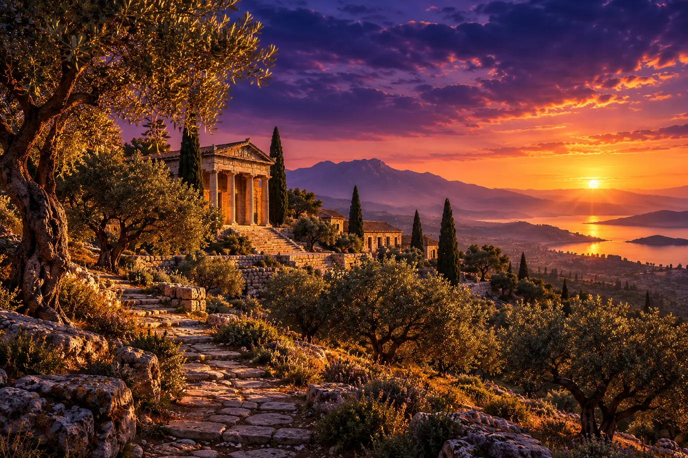 An olive-lined stone path leading to a Greek academy, with amber sunset over distant mountains and the sea.