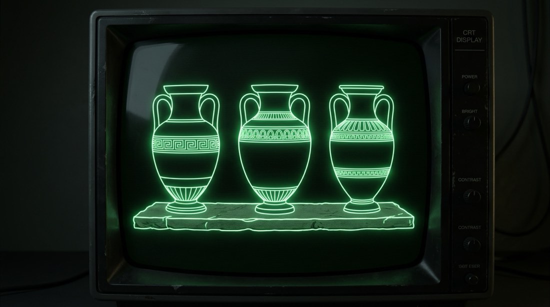 Three glowing phosphor-green line-art amphorae on a stone shelf, displayed on the screen of a physical vintage CRT monitor with visible knobs and cables
